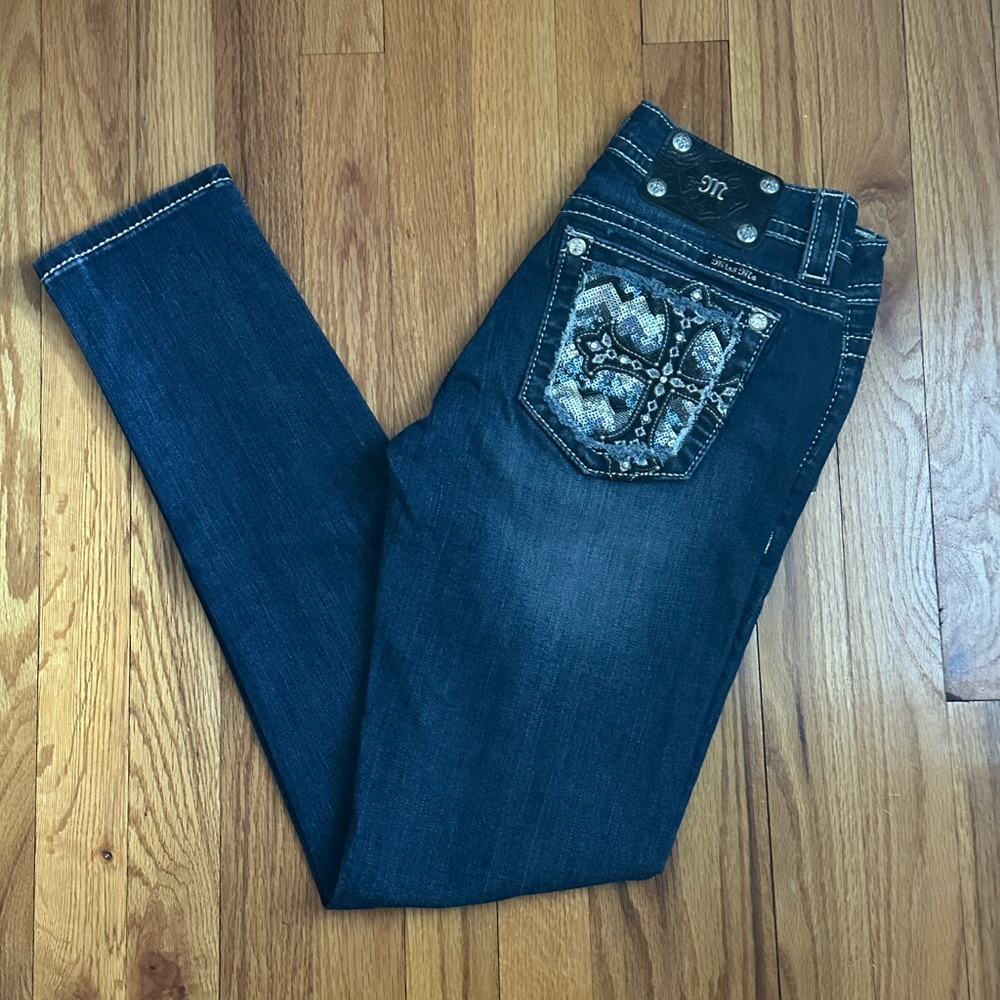 Miss Me Black Silver Cross Embroidered Signature Skinny Jeans Dk Blu JP577S